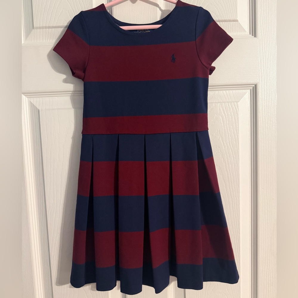Ralph Lauren Girls Dress Size 6 Navy Burgundy Stripe Pleated Skirt Pony Logo
